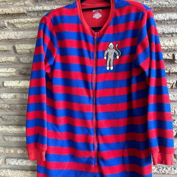 Nick and Nora Striped Sock Monkey Footed Footies 1 Piece Pajamas Size Medium - Picture 7 of 8